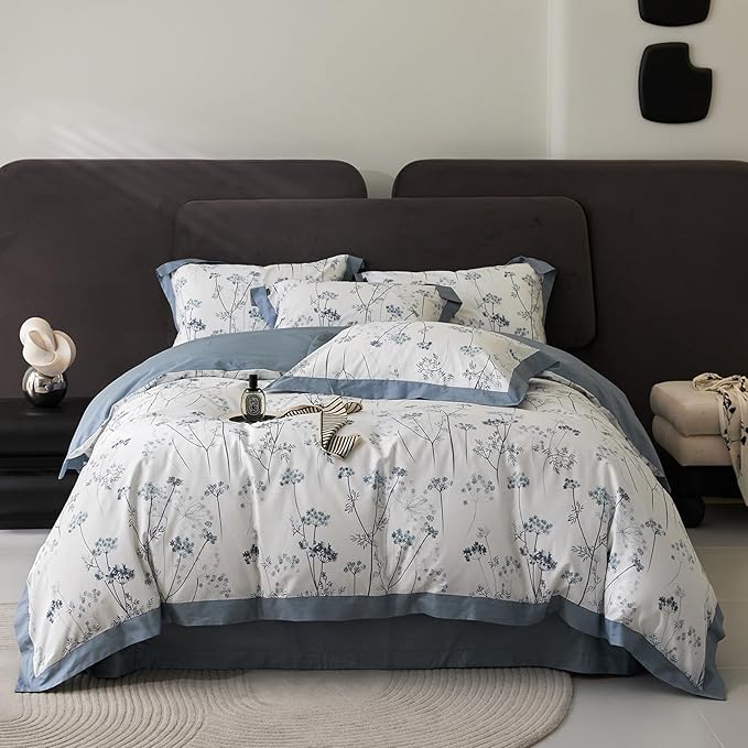 HighBuy Aesthetic Blue Floral Duvet Twin XL Girl Cozy Cotton Comforter Cover with Zipper Closure,Vintage Flowers Botanical Bedding Set Twin XL Luxury Cottagecore Duvet Cover Set for Kids Bed