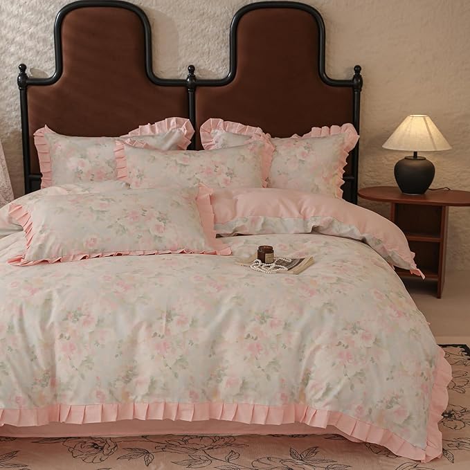 Pink Ruffle Duvet Cover Set Queen 100% Cotton Vintage Floral Comforter Cover Girls Flower Duvet Cover Romantic Princess Bedding Lace Comforter Cover with Zipper Ties Breathable Floral Bedding Queen