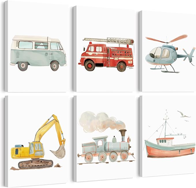 Car Wall Art Boys Room Canvas Wall Decor Nursery Prints Transportation Vehicle Wall Art Kids Toddler Posters Construction Truck Pictures Boy Nursery Artwork for Bedroom Playroom 8x10x6 Inch Framed