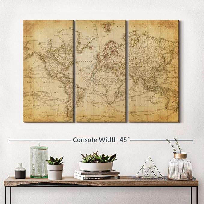 ElephantStock Old Century World Map Wall Art Multi Piece Canvas - 3 Piece Canvas World Map Wall Decor - Ready-to-Hang Print - Vintage Wall Art - 38" X 24"