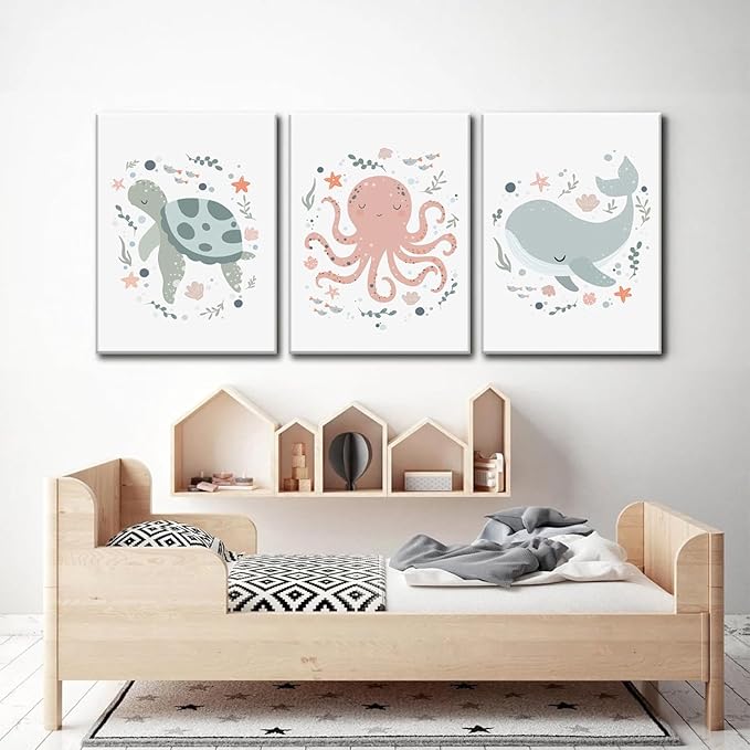 Wodkwq Ocean Nursery Decor,Nursery Wall Decor,Kids Bathroom Decor,Under The Sea,Boys Room Sea Animal Wall Art Picture Canvas Prints Set of 3,Bedroom 12x16 Inch Framed