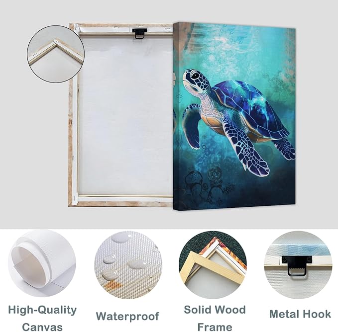 AWPANERAR Sea Turtle Wall Art Bathroom Pictures Watercolor Sea Life Canvas Prints Ocean Animal Poster Nautical Theme Artwork for Kids Room Nursery Decor Framed (Blue, (42L x 28W))