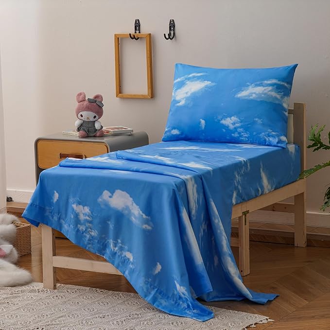 KAREVER Cloud Toddler Bedding Set 4 Pieces Crib Bed Set Kids White Blue Sky Theme Comforter Set