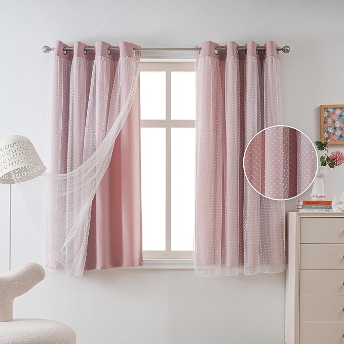 MYSKY HOME Pink Curtains for Girls Bedroom & Nursery Kids Blackout Cute Curtains 63 inch Long Double Layer with Polka Dots Sheer, Grommet Tops, 52" Wide, 2 Panels
