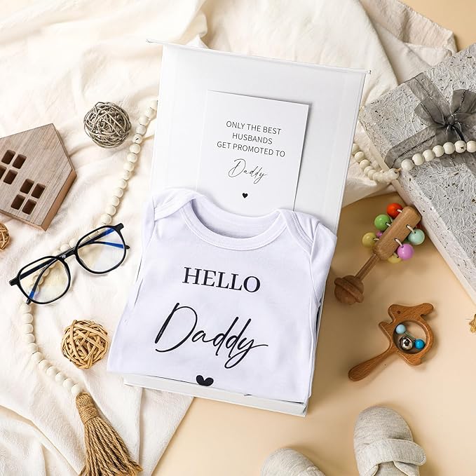 4 Pcs Pregnancy Announcement for Husband, Daddy Baby Bodysuit, Hello Daddy Pregnancy Reveal Card Baby Reveal Gift Box Baby Announcement Gifts Set for Husband Partner