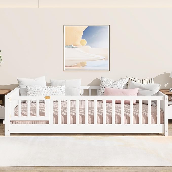 Floor Bed with Rails and Door Twin Size, Wood Montessori Floor Bed with Storage Bookcase, Kids Bed Frame with Fence for Boys Girls, White