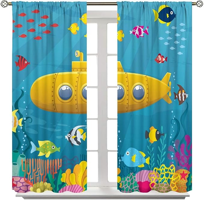 Boy Window Curtains Submarine Window Drapes Yacht Window Treatments Underwater World Oasis Thermal Drapes for Kids Girls Toddler Teens Room Dorm Decor Set 2 Panels,42x45 Inches, Style-1