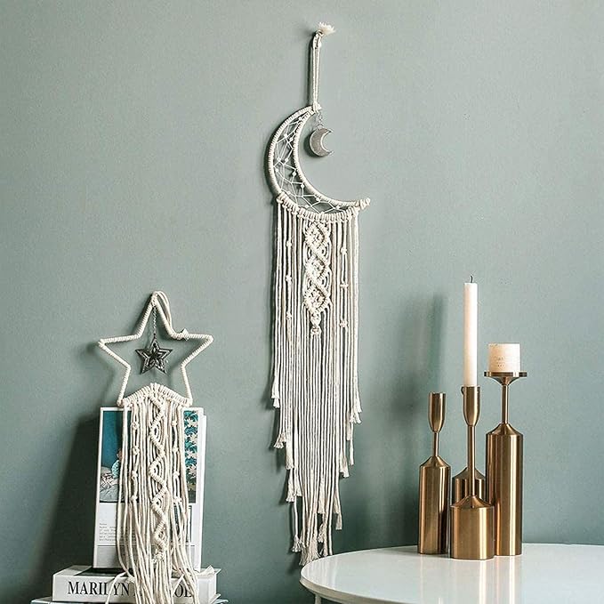 Moon Star Dream Catcher Decor,2pcs Boho Home Moon Star Dreamcatcher,Macrame Wall Hanging Boho Home Decor for Kids Baby Bedroom Decoration for Women Girls Friends Craft