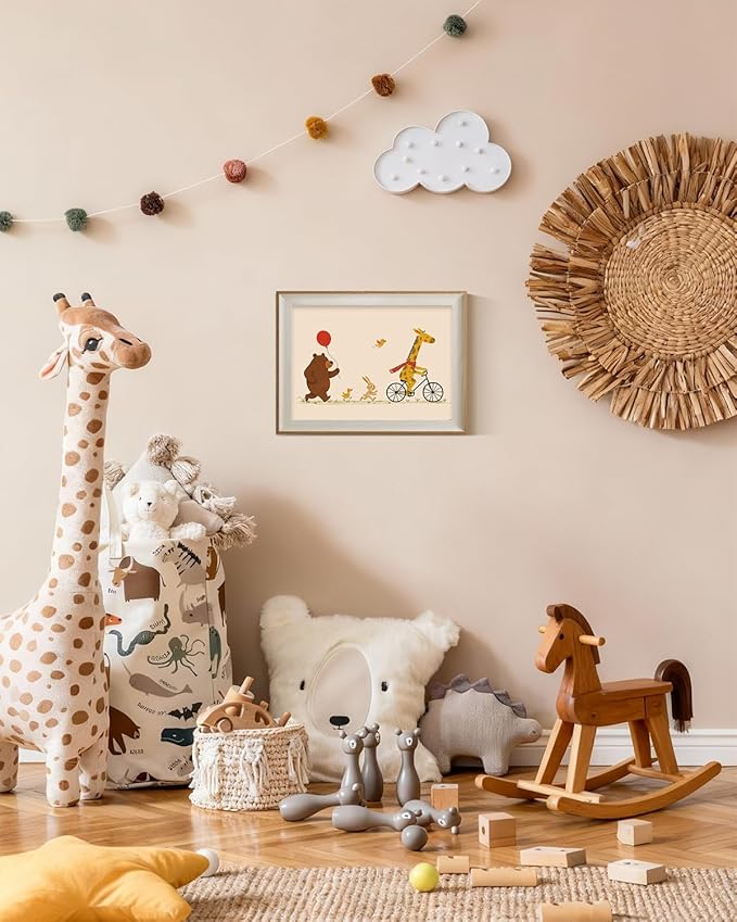 ARPEOTCY Framed Canvas Wall Art, 12x16 Inch Cute Animal Parade Print, Giraffe on Bicycle with Bear, Bunny, and Birds, Whimsical Nursery Wall Decor for Kids Room, Playroom, or Baby Bedroom