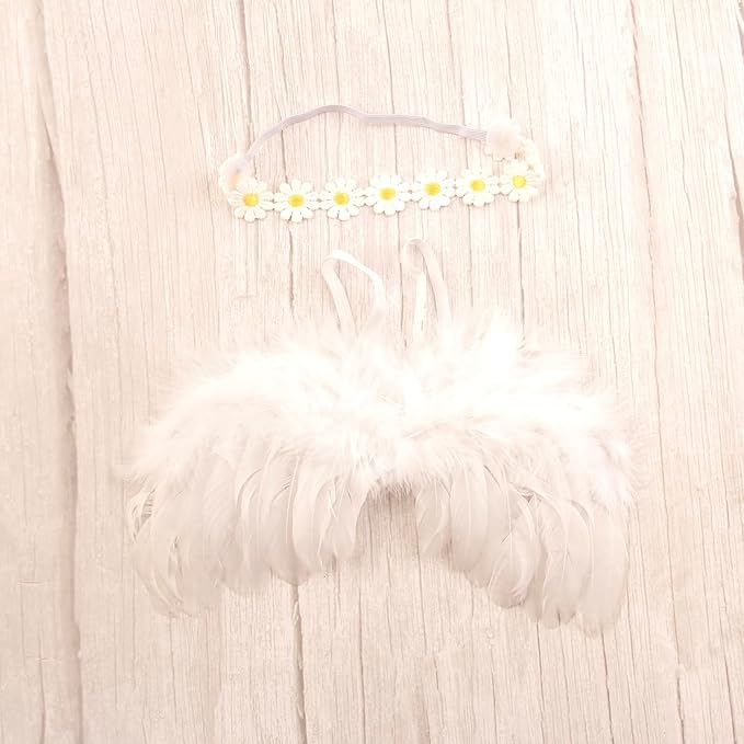 2PCS White Angel Feather Wings With Yellow Daisy Flower Headband Set For Newborn Infant Toddler Kids Baby Girls Photography Props Birthday Gift(Color C, One Size)