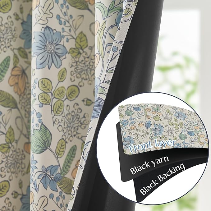 jinchan Nursery Curtains 95% Blackout Blue Floral Curtains for Kids Room, 63 Inch Length Farmhouse Drapes for Bedroom Living Room Darkening Window Treatment Grommet Top Set of 2 Panels