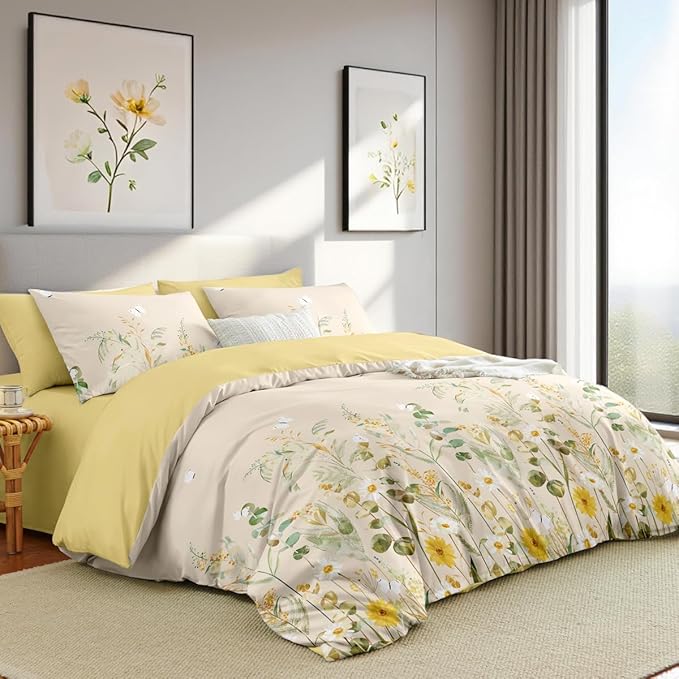 Floral Duvet Cover Set Queen 3 Pieces Beige Yellow Bedding Set Vintage Flower Butterfly Bedding Aesthetic Soft Microfiber Farmhosue Duvet Cover with 2 Pillowcases