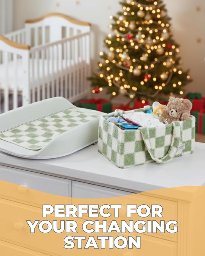 Checkered Diaper Caddy Organizer with Portable Changing Mat - Teddy Fleece Diaper Organizer for Changing Table - Caddy Organizer with Removable Dividers - Green and White
