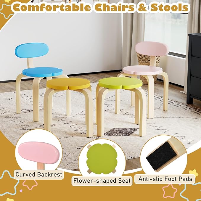 HONEY JOY Kids Table and Chair Set, Wooden Toddler Flower-Shaped Table and 4 Chairs w/Storage for Art Craft, Dining, 5-Piece Children Furniture for Daycare, Kindergarten, Playroom (Colorful + White)