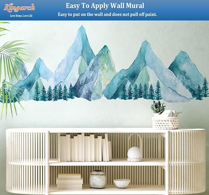 Large Mountain Wall Decals, Blue Pine Tree Peel and Stick Vinyl Wall Stickers & Murals, Removable Home Room Wall Decor for Bedroom Living Room Bedroom Classroom Office Nursery