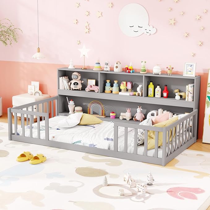 KOMFOTT Twin Floor Bed with Bookcase & Shelves, Wood Bed Frame with Bedside Bookshelves & Guardrails, Versatile 2-in-1 Montessori Floor Bed for Kids (Grey)