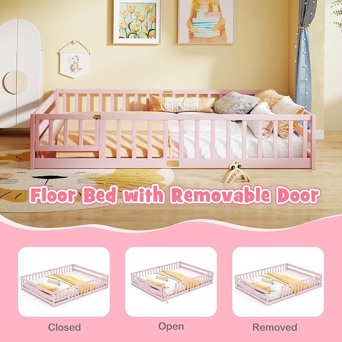 KOMFOTT Queen Size Wood Floor Bed with Door & Fence, Montessori Bed Frame with Full Length Safety Guardrails, Door & Latch, Wooden Montessori Floor Bed for Kids, Girls, Boys (Queen,Pink)