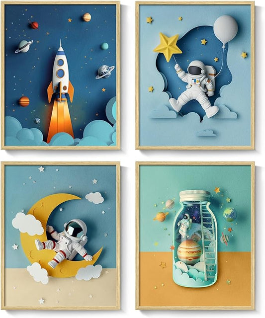 Framed Space Astronaut Cool Wall Art for Nursery Decor, 4 Piece Modern Space Themed Canvas Prints Artwork for Walls, Rocket Pictures for Bedroom, Kids Room, Baby Room, Boys Room, Bathroom Wall Decor