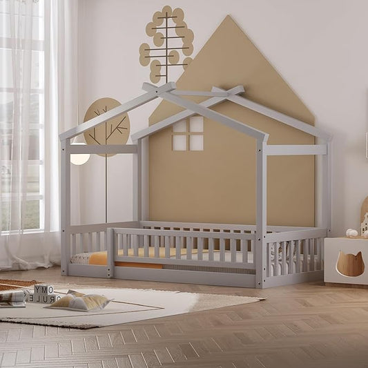 Merax Twin Size Wooden House Bed with Fence, Wood Bed Frame with Roof and Safety Guardrail for Kids, Teens, Boys or Girls, Gray