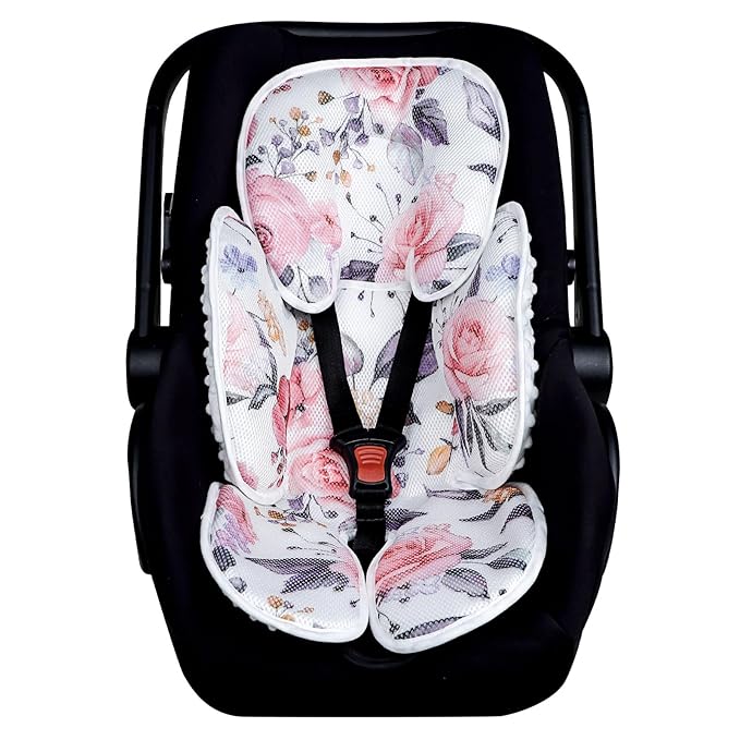 Mesh Baby Car Seat Head and Body Support, Pea Pod Infant Car Seat Insert for Newborn with Minky Dot Backing & Colorfast Stylish Floral Patterns, Suitable for Baby Car Seats, Stroller, and Baby Swings