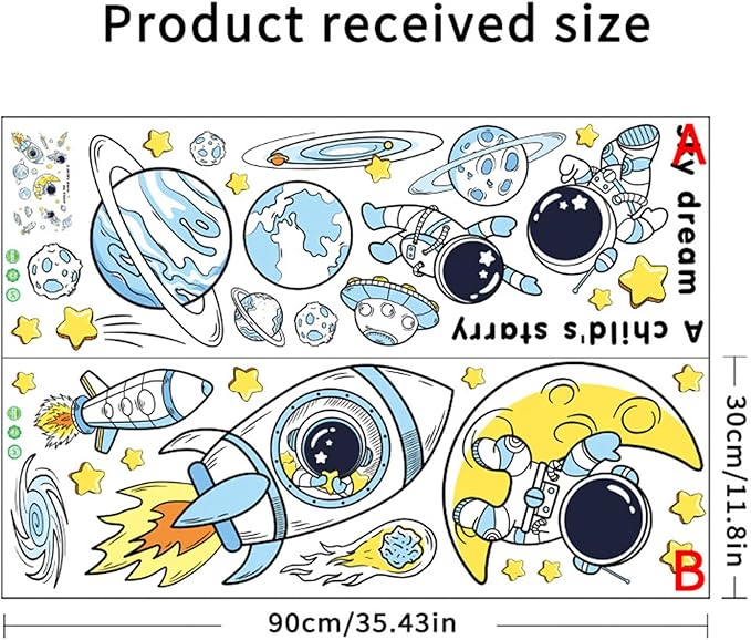 Space Decor Astronaut Wall Stickers - Space Theme Bedroom Classroom Playroom Murals & Decals - Wall Decals for Boys Girls Room - Outer Space Wallpaper With Planets