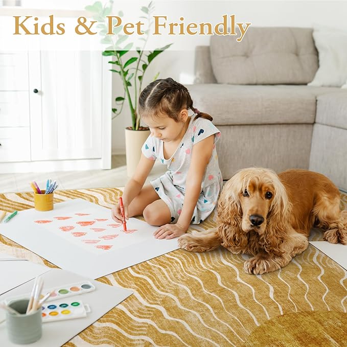 Boho Washable Rugs 5x7, Sun Print Soft Nursery Rug for Bedroom Classroom, Ultra-Thin Non Slip Stain Resistant Kids Carpet for Living Room Office(5'x 7',Gold/Multi)