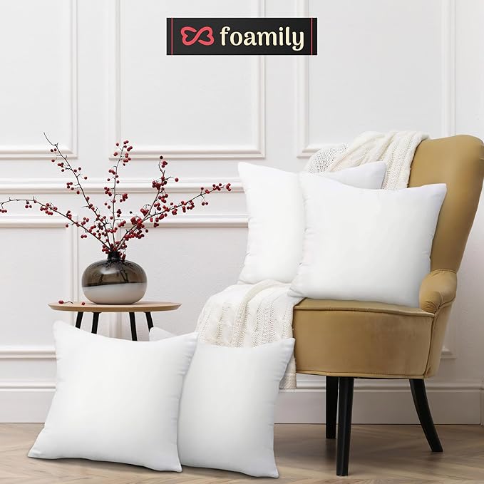 Foamily Throw Pillows Insert 18 x 18 Inches (Set of 4) Hypoallergenic, Made in USA - Decorative Couch, Bed Pillow