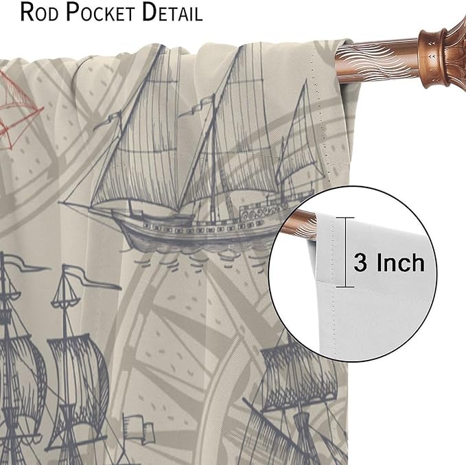 Nautical Curtain Set, Yellow Polyester Fabric, 2 Panels, 42x45 Inches, Bathroom, Rustic, Ocean Theme