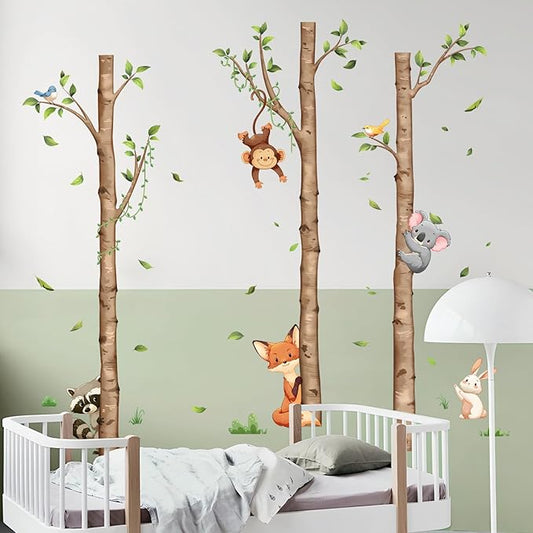 Large Birch Tree and Jungle Animals Wall Decals, Cartoon Fox Money Loala Raccoon Wall Stickers Peel and Stick Wall Decal Waterproof Wall Art Sticker for Baby Nursery Kids Room Home Decor (H: 63 in)
