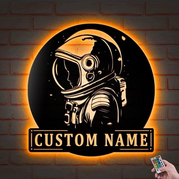 Custom Astronaut Metal Wall Art LED Light Personalized Cosmonaut Name Sign Home Decor Spaceship Rocket Nursery Decoration Housewarming Gifts
