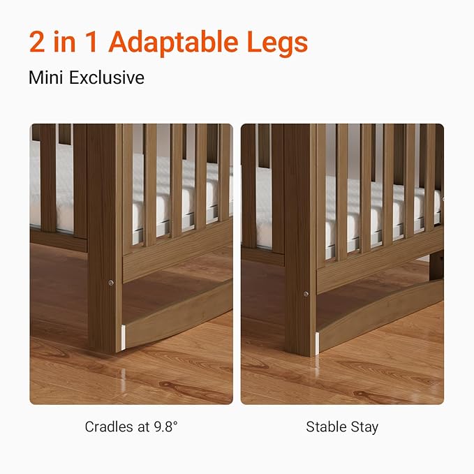 MAMAZING EvoNest Baby Crib, 11 in 1 Convertible Mini Crib with Wheels, 100% New Zealand Wood Growing Bed, 4 Adjustable Mattress Height, Walnut Brown