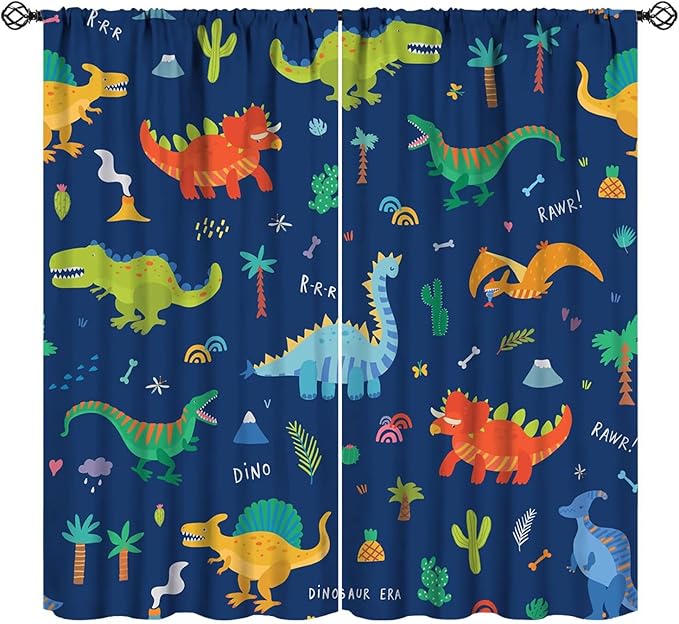 Funny Dinosaur Blackout Curtains Colorful Cartoon Animals Dino Tropical Plant Art Print for Kids Boys Bedroom Living Room Rod Pocket Decoration Window Drapes 2 Panels W26xL84in