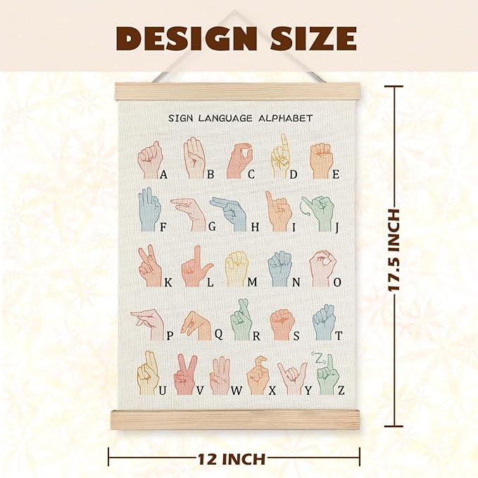 LUVADIAN Asl Alphabet Poster Hanger Frame,Sign Language Poster,Alphabet Posters for Classroom Wall,Sign Language Book for Kids,Toddler Learning Posters for Nursery Kids Room,12x16 Inches