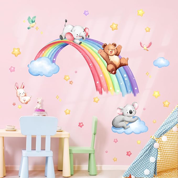 Tanlaby 43" X 43" Animal Rainbow Wall Stickers Bear Elephant Koala Rabbit Wall Decals Peel and Stick Clouds Stars Art Decor for Baby Nursery Kids Bedroom Playroom Daycare Classroom