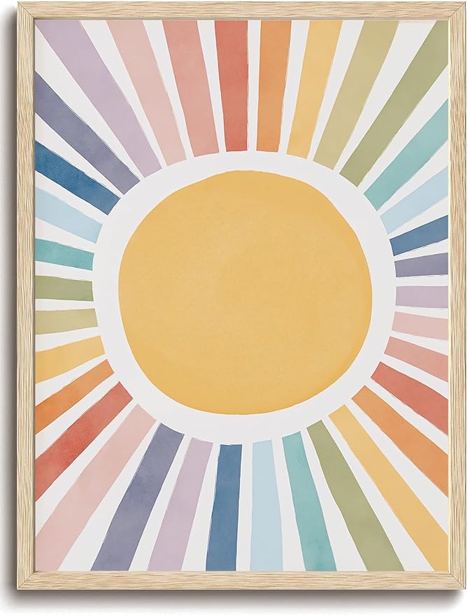 KISSFOX Framed Wall Art Nursery Wall Decor Sunshine Pictures Kids Cute Rainbow Canvas Art Colorful Sweet Paintings Boho Sunburst Artwork For Children Boys Girls Room Playroom