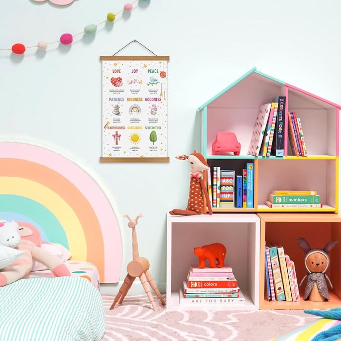 KAIRNE Bible Verse Poster With Wood Magnetic Hanger,Inspirational Hanging Decoration,Sunday School Motivational Wall Art(35X56CM) Rainbow Positive Canvas For Kids Bedroom Playroom Classroom Decor