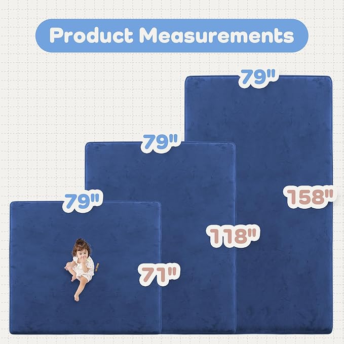 1.3" Thick Baby Floor Play Mat 71x79, Basic Padded Foam Mat for Tummy Time Crawling, Non Slip Cushioned for Babies Toddlers Infants Kids (Blue)