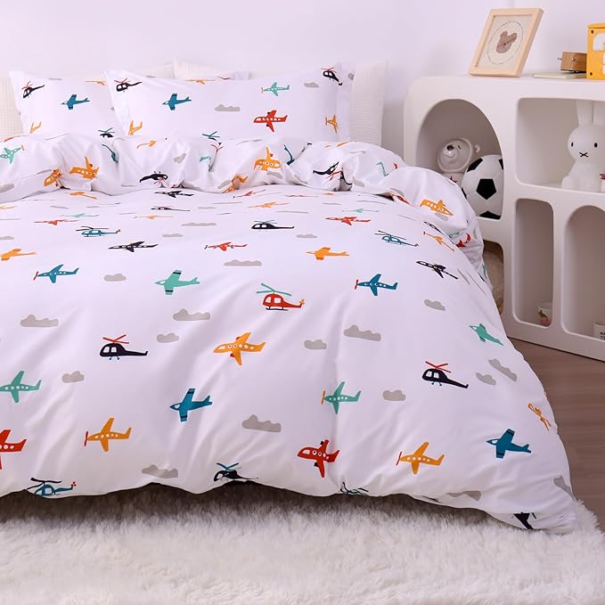 JSD Airplane Kids Duvet Cover Set Queen Size, 3 Piece Soft Printed Microfiber Comforter Cover with Pillow Sham Zipper Closure, Comforter Not Included