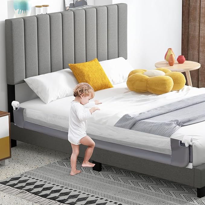 HONEY JOY Bed Rail for Toddlers, Extra Long, Foldable Portable Swing Down Safety Bed Guard Rail, Toddler Bed Rails for Crib, King Queen Full Twin Size Bed Mattress (Light Gray, 1 Pack, 71 Inch)