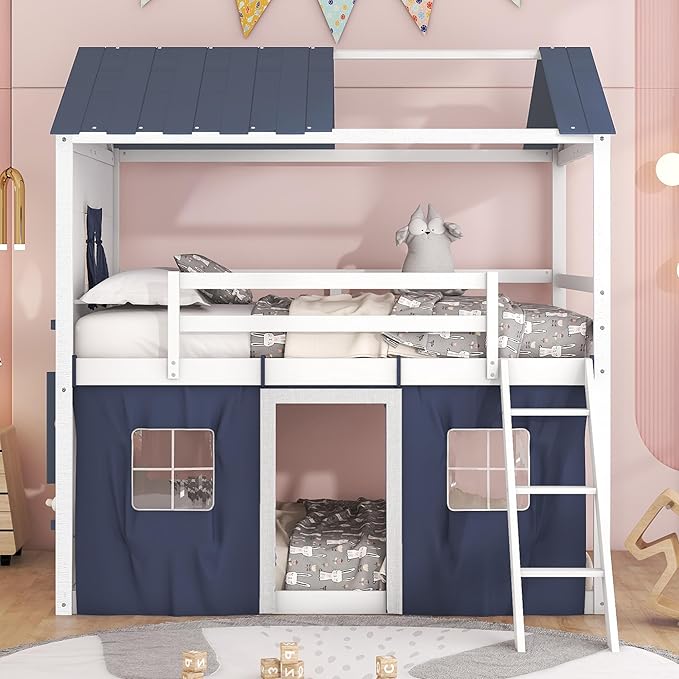 Full Size House Bunk Bed with Elegant Windows and Sills, Solid Wood Tent Bed Frame with Guardrails for Kids Teens Boys Girls, Versatile Spacious Under Bed Space with Curtains (White+Blue C)