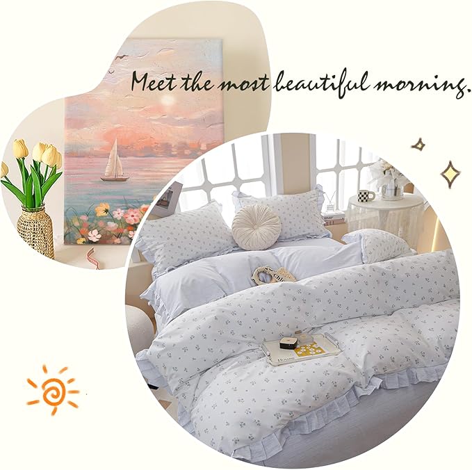 Blue Floral Duvet Cover Full Cute Flower Ruffle Duvet Cover White Soft 100% Cotton Lace Comforter Cover Floral Print Girls Princess Bedding Sets Vintage Botanical Flower Duvet Cover with 2 Pillowcases