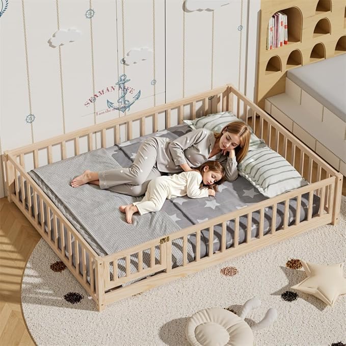 i-POOK Full Floor Bed for Children, Sturdy Wood Montessori Bed Frame with Wood Slats, Fence & Door, Montessori Floor Bed for Girls and Boys, Natural (with Bed Slats)