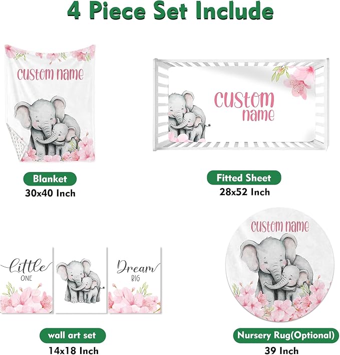 Custom Baby Crib Bedding Set,Personalized Name Pink Flower Elephant Nursery Bed Set 4 Piece,Baby Blanket Fitted Sheet Nursery Rug Wall Art Set,Custom Room Decor Idea Gift for Newborns Boys Girls