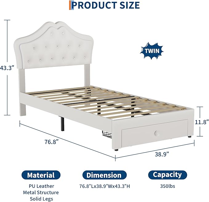 Garvee Twin Size Bed Frame with LED Lights & Velvet Crystal Button Headboard, Upholstered Boy/Girl Platform Bed with Storage Drawer, Noise Free, No Box Spring Needed for Kids, Teens, Beige