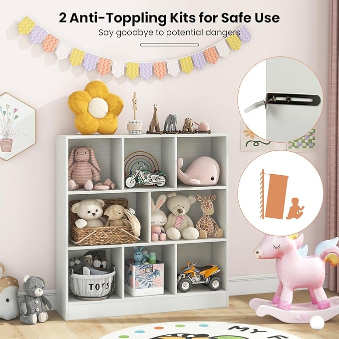 Costzon 8-Cube Bookshelf for Kids, Wooden Toy Storage Organizer w/ 2 Anti-Toppling Kits, 3 Tier Open Shelves & Non-Slip Foot Pads, Montessori Toy Shelf for Kids Rooms, Playroom, Classroom, Nursery