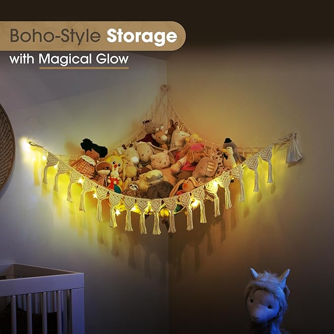 Extra Large Stuffed Animal Storage Hammock Corner with LED Lights – 25LB Capacity Hanging Toy Net for Small or Large Plushies, Boho Macrame Squishmallow, Plush Net, Gray