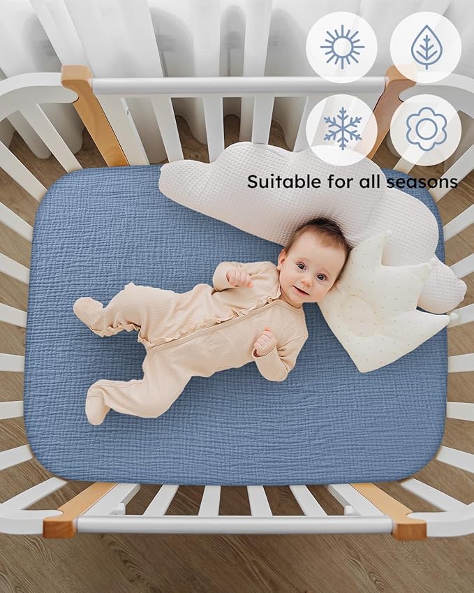 Yoofoss Muslin Pack and Play Sheets Fitted, Organic Mini Crib Sheets for Boys Girls, Playard Sheet Compatible with Pack N Play Mattress, Soft, Breathable and Durable 38"x26"