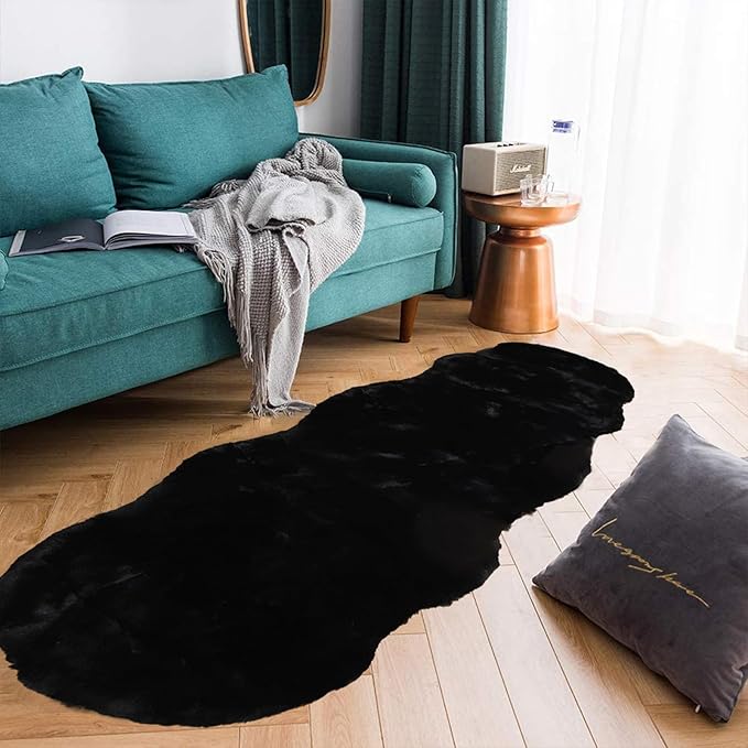 Latepis Black Carpet Area Rugs Runners 2x6 Faux Rabbit Fur Fluffy Shag Rug Washable Furry Rug for Living Room Bedroom Nursery Floor Rugs Room Carpet Sheepskin