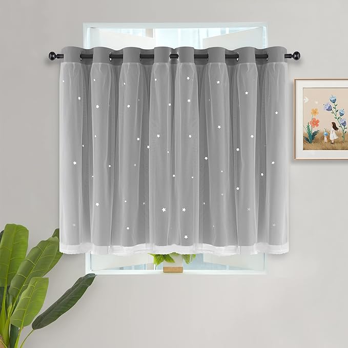 Kinryb Kids Blackout Curtains for Bedroom/Living Room/Classroom, Sheer Overlay Small 2 Panel Set, Double Layer Curtains with Star Cutout for Kids Room(W 52 x L 36 Inches,Silver Grey 2 PCs)