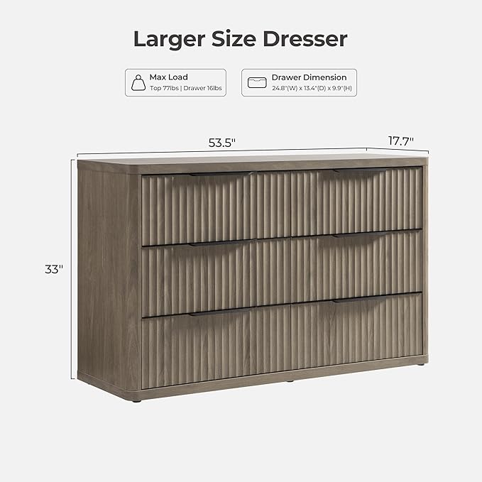SICOTAS Dresser for Bedroom 53.5" Wide 6 Drawer Dressers & Chests of Drawers for Closet Long Large Modern TV Stand Set for Clothes Storage Fluted Clothes Closet for Hallway Entryway, Grey Alder